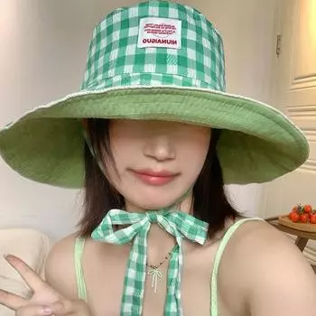 Японская мята Мамбо зеленая клетчатая женская кепка на шнуровке летняя модная солнцезащитная двусторонняя можно носить с большими полями шляпа-ведро 56-58cm зелёный