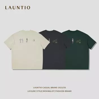 Японская мужская футболка для пар, летняя тяжелая принтованная футболка большого размера с открытыми плечами и круглым вырезом, мужская одежда из чистого хлопка с короткими рукавами M хаки