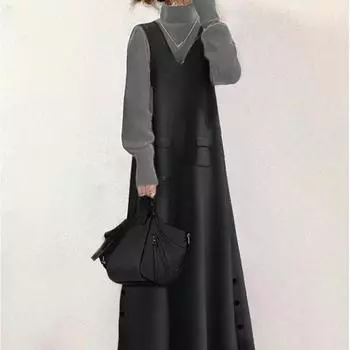 Японская новая модель 2024 года, платье с длинными рукавами, юбка А-образного силуэта S чёрный