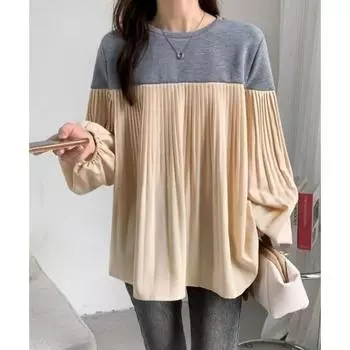 Японская одежда женская плиссированная эластичная блузка с рукавами-фонариками, цветная блокированная футболка с длинными рукавами one size