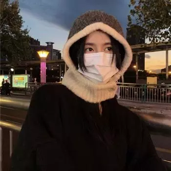 Японская осенне-зимняя новая шапка-балаклава теплая шапка-шарф интегрированная женская пара защита ушей вязаная шапка прилив One size