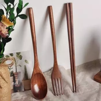 Японская польская деревянная ложка в стиле ретро, вилка, палочки для еды, набор столовых приборов, суп рамэн, мисо, бытовая нескользящая ручка, деревянная посуда