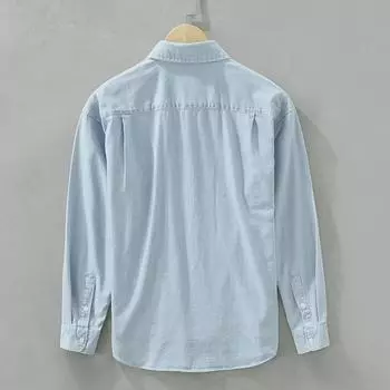 Японская повседневная джинсовая рубашка с вышивкой и длинными рукавами - простая, модная, трендовая, свежая. M светло-синий