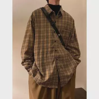 Японская ретро-клетчатая свободная рубашка с длинным рукавом для пар - мужская модная повседневная одежда на весну и осень M кофейный