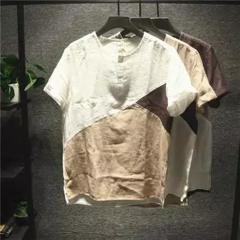 Японская ретро льняная ткань, цветная рубашка, мужская летняя повседневная свободная футболка с круглым вырезом и короткими рукавами XXXXL белый