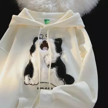 Японская ретро-милая флокированная кошечка с капюшоном - унисекс, осенняя модная свободная куртка Large абрикосовый