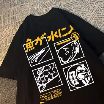 Японская ретро-мода с рыбками, мужская и женская футболка с короткими рукавами, свободная, в стиле Bf, для пар, студентов, с короткими рукавами, забавные футболки S