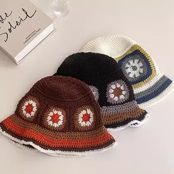 Японская ретро-подсолнуховая милая вязаная шапка-тазик для женщин, дышащая и универсальная солнцезащитная шапка для весны и лета 56-58CM белый