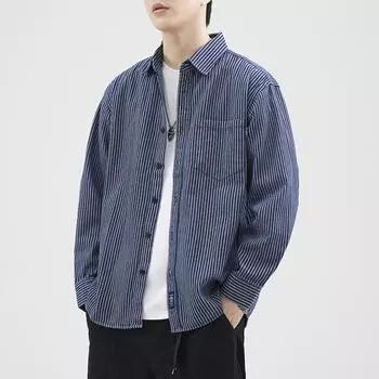 Японская ретро-рубашка для инструментов, мужская полосатая универсальная свободная повседневная рубашка большого размера, верхняя часть прилива M синий