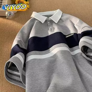 Японская ретро вафельная рубашка-поло с короткими рукавами, мужские и женские летние блузки, уличная одежда для пар, топы, корейская одежда в стиле Харадзюку 2XL серый