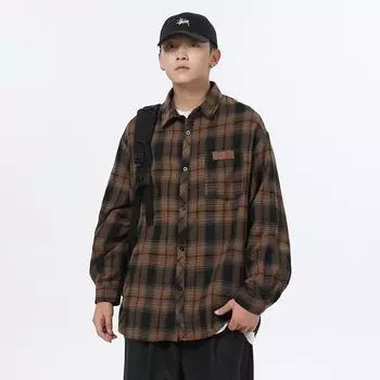 Японская ретро-весна и осень, новая повседневная клетчатая рубашка, простая универсальная верхняя рубашка-кардиган для мужчин M