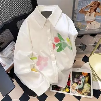 Рубашки с цветными лентами для женщин, однобортные с длинными рукавами и лацканами, женские блузки, винтажные свободные женские топы с карманами M белый