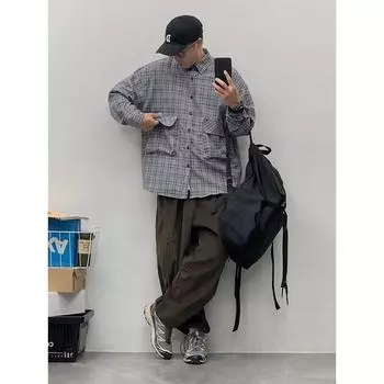 Японская рубашка с длинными рукавами в клетку с большим карманом на весну и осень, модный бренд, свободная пара, контрастный цвет, уличная рубашка, пальто для мужчин M хаки