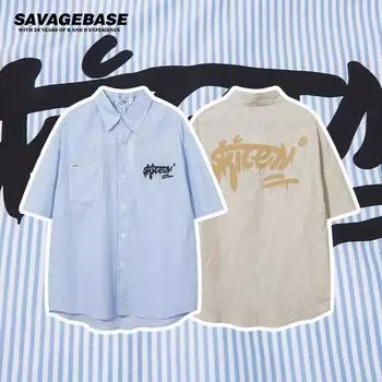 Японская рубашка в сине-белую полоску с буквенным принтом в стиле ретро для мужчин и женщин, рубашки с короткими рукавами для пар XXL белый