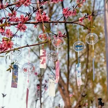Японская Сакура Стеклянная Колокольчик Ветра Цветущая вишня Колокольчик Ветра Корейский Кавайный Декор Для Комнаты Подвесной Декор Колокольчики Ветра На Открытом Воздухе