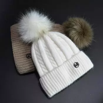 Японская шапка с помпоном из лисьего меха кролика, женская дизайнерская вязаная шапка со знаком M, осенне-зимняя теплая защитная шапка для ушей, шапка-бини 56-59cm