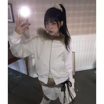 Японская шуба Y2k для женщин в винтажном корейском стиле, черная куртка с капюшоном, эстетика гранж, меховой воротник, на молнии, тонкое пальто S белый