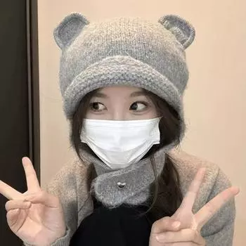 Японская симпатичная объемная шапка из шерсти с медвежьими ушками для женщин на осень и зиму, новая теплая вязаная шапка для защиты шеи от холода average size серый