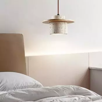 Японская спальня в стиле ваби-саби, кровать из желтого камня, люстра из камня, ресторан, бар, бар, старинный дом, цвет грецкого ореха, лампы в виде летающей тарелки жёлтый