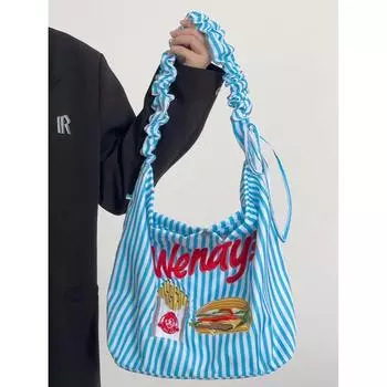 Японская сумка через плечо с вышивкой в виде бургера фри, новая полосатая сумка-тоут для фаст-фуда, сумка-мессенджер Lazy Wind синий