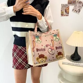 Японская свежая и милая холщовая сумка с принтом, студенческая сумка через плечо, льняная тканая сумка большой вместимости, женская сумка для хранения one size fits all чёрный