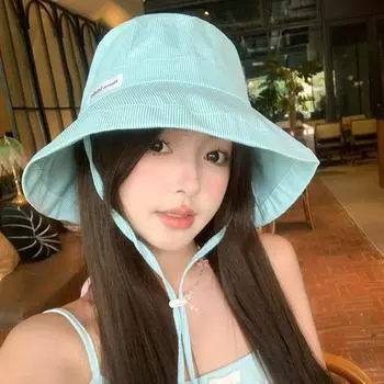 Японская свежая полосатая шляпа-ведро для женщин, лето 2024, новая мода, универсальная, солнцезащитная, большая окружность головы, шляпа-ракушка M56-58cm мятный зеленый