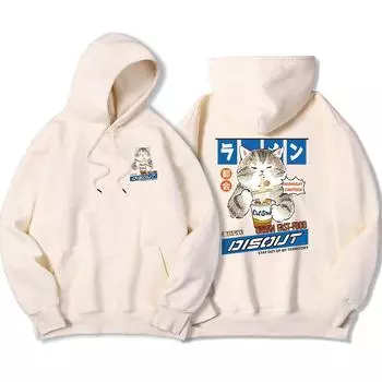 Японская толстовка Harajuku Noodle And Sushi Cat для мужчин, модная толстовка Harajuku с капюшоном, теплая уличная одежда большого размера с капюшоном на осень S