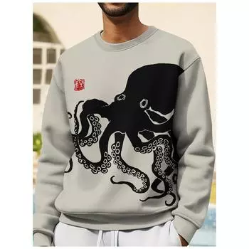 Японская толстовка Ukiyoe для мужчин, топы с длинными рукавами, волнистая графика, свободный свитер с круглым вырезом 2025 года, уличная толстовка для мальчиков L
