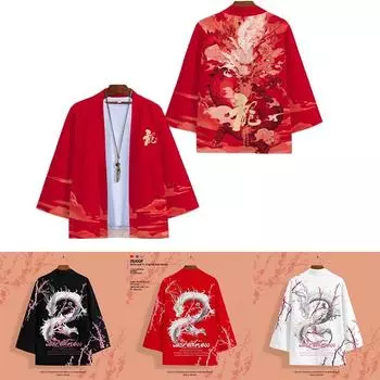 Японская традиционная одежда, кимоно с 3D узором дракона, мужской кардиган в стиле ретро, самурайский пляжный кардиган большого размера, юката XXS тёмно-синий/красный