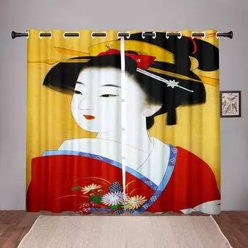 Японская традиционная женщина гейша девушка шахматная доска занавески на окна детская спальня гостиная зал украшения кухни занавеска W50 X H130(CM)X2&Hook