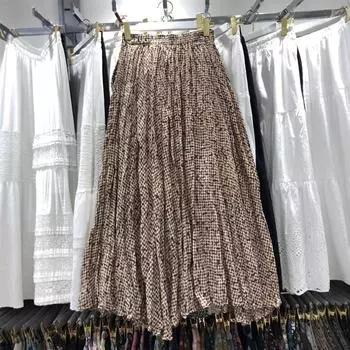 Японская юбка в клетку в стиле ретро с принтом женская весенняя юбка в стиле Мори в клетку с драпировкой и складками А-образной формы длинная юбка one size fits all чёрный