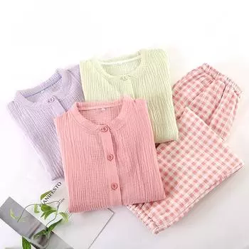 Японская весенне-осенняя пижама с длинными рукавами, брюки из 100% хлопкового крепа, домашний костюм из двух частей для женщин, одежда для сна M