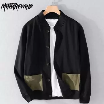 Японская винтажная бейсбольная форма, весна и осень, трикотажные повседневные куртки для мужчин, лоскутная куртка с большими карманами и пуговицами, молодежная мода, свободное пальто M чёрный