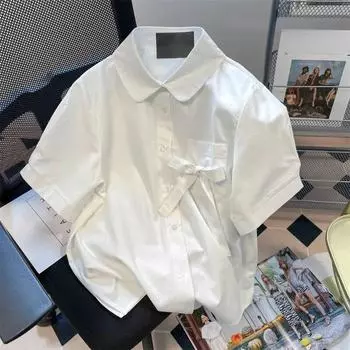 Японская винтажная белая рубашка с бантом, новая летняя женская блузка с короткими рукавами, свободный топ во французском стиле преппи onesize белый