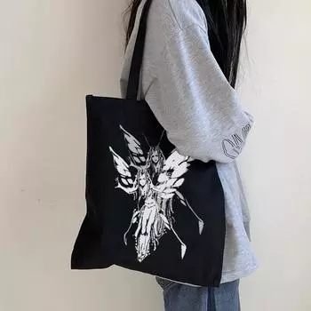 Японская винтажная холщовая сумка с принтом аниме в готическом стиле y2k, модная женская сумка на плечо в стиле панк, повседневные женские сумки-шопперы большой вместительности 24*26cm