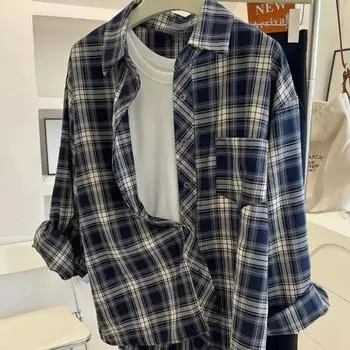 Японская винтажная клетчатая рубашка, весенняя тонкая женская блузка с длинными рукавами, повседневная простая блузка с лацканами, корейская версия, свободный топ S