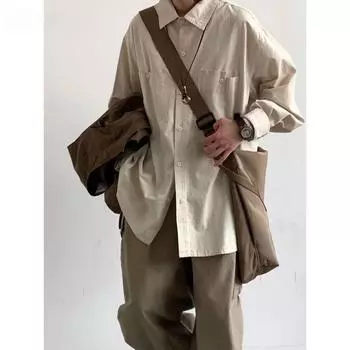 Японская винтажная рубашка для мужчин на весну и осень со свободным американским силуэтом и длинными рукавами S бежевый