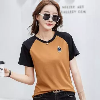 Японская винтажная свободная футболка с медведем и вышивкой, американский пэчворк с рукавом-вращателем, топ с короткими рукавами и круглым вырезом, соответствующий цвету M слоновая кость