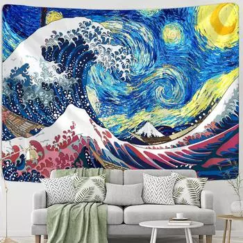 Японская волна картина маслом гобелен настенный психоделический колдовство богемный стиль пейзаж комната домашний декор 95x70cm
