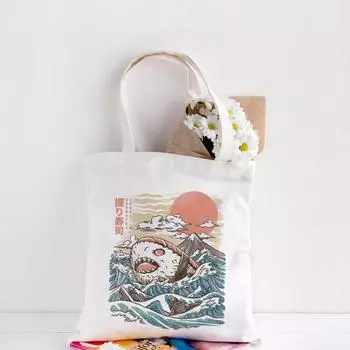 Японская волна с забавным принтом, повседневная холщовая женская сумка большой емкости, модная сумка с героями мультфильмов Харадзюку