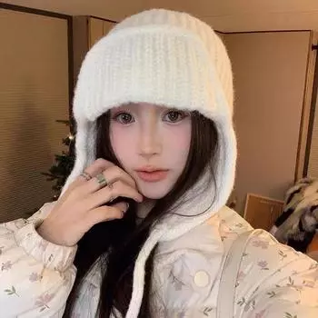 Японская вязаная шапка для защиты ушей, зимняя теплая, морозостойкая, летная шапка, однотонная шерстяная вязаная шапочка, корейская женская шапочка one size