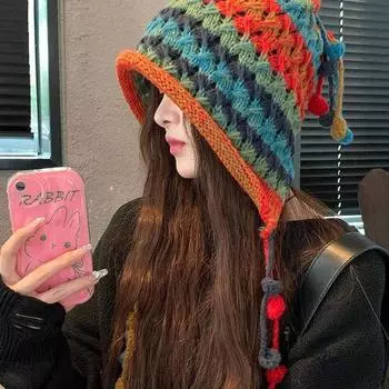 Японская вязаная вручную шерстяная шапка, женская сезонная утепленная защитная шапка, вязаная шапка-пуловер с бахромой