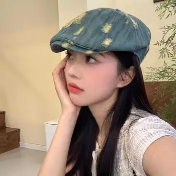 Японская выстиранная шляпа, берет из денима с градиентом, женская шляпа с повязкой вперед, ретро-повязка на голову, открывающая лицо, маленькая шляпа художника 56-58CM зелёный