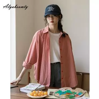 Японская женская блузка Mori Girl весна-осень с отложным воротником, красная клетчатая повседневная свободная рубашка, винтажная блузка большого размера с длинным рукавом S