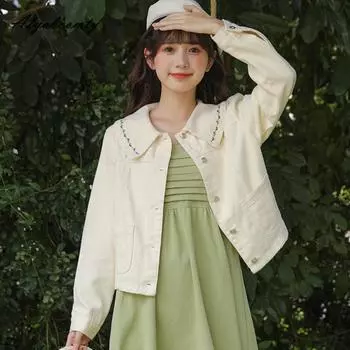 Японская женская джинсовая куртка Mori Girl весна-осень с воротником Питер Пэн и цветочной вышивкой, повседневная свободная куртка, элегантная милая верхняя одежда для девочек