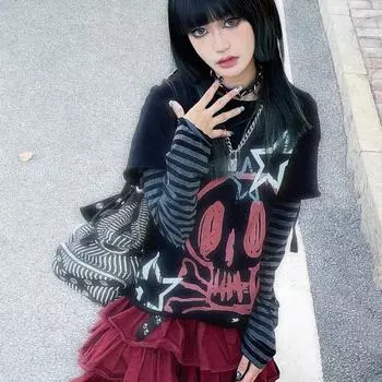 Японская женская футболка с длинными рукавами и эстетичной графикой Y2k, рваная полая футболка с кавайным мультяшным принтом, Harajuku, футболка в стиле гранж S чёрный