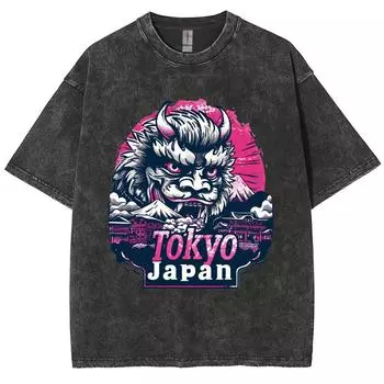 Японская женская футболка с принтом льва, выстиранная, оверсайз, свободная, хлопковая, удобная, с коротким рукавом, ретро, китайская, состаренная S