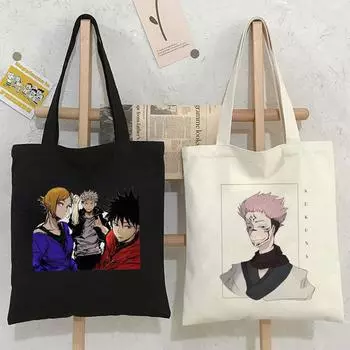 Японская женская сумка дзюдзюцу кайсен в стиле Харадзюку, повседневная холщовая сумка с принтом в стиле панк, готическая большая вместительная сумка-шопер, готическая холщовая сумка на плечо 24*26cm