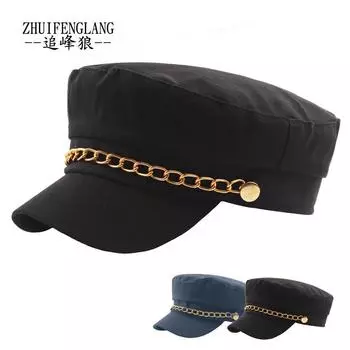 Японская золотая цепочка темно-синяя шляпа хлопковая ретро студенческая шляпа мужская и женская военная шляпа модная шляпа с плоским верхом модная кепка 58cm тёмно-синий