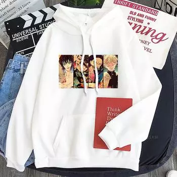 Японские аниме Demon Slayer Мужские толстовки с капюшоном Зимние теплые Harajuku Manga Cartoon Kamado Tanjirou Friend Print Streets Толстовки XS чёрный